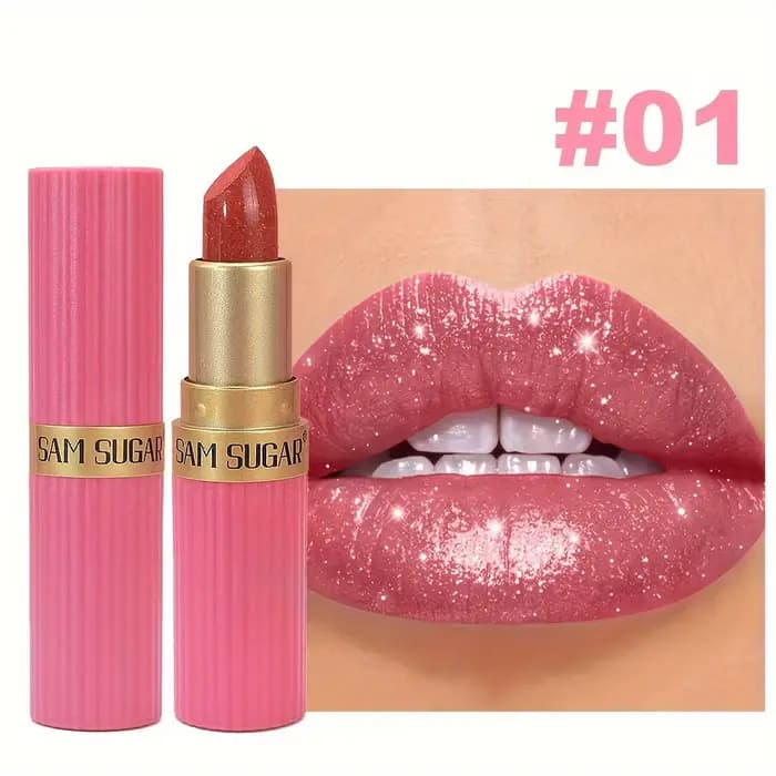Rouge à lèvres nacré corail – Brillant scintillant imperméable et durable avec capuchon doré, formul
