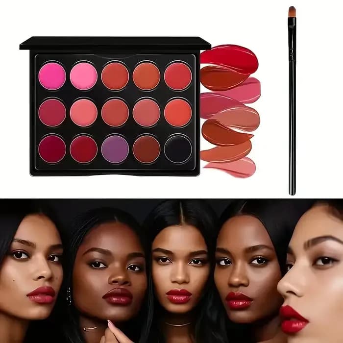 Palette de rouge à lèvres mat de 15 couleurs et ensemble de pinceaux, brillant à lèvres imperméable 