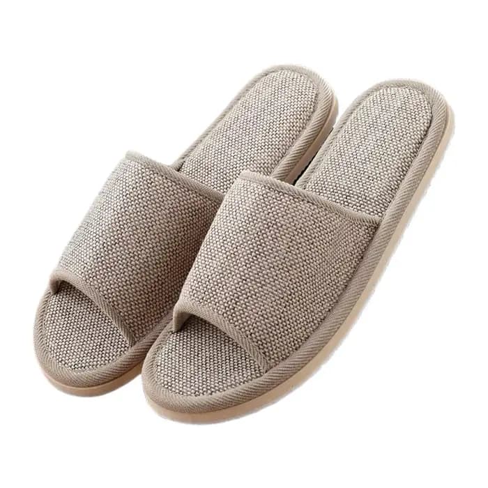 Chaussons d'intérieur en lin à bout ouvert pour femmes et hommes, respirants, légers et confortables