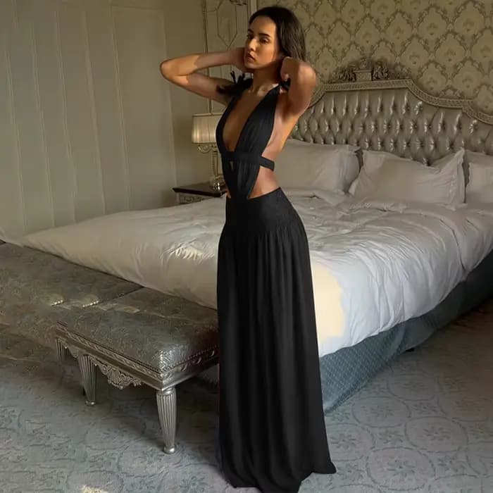 CHNMR Robe longue rouge pour femme, col licou, décolleté plongeant en V, taille découpée, robe de so