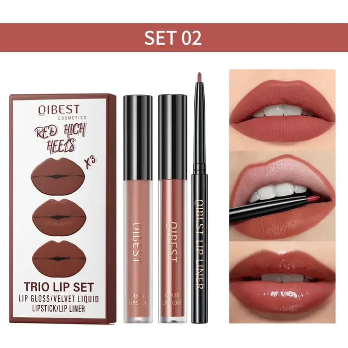 QIBEST – Ensemble de maquillage pour les lèvres, 3 pièces, comprenant brillant à lèvres, baume à lèv