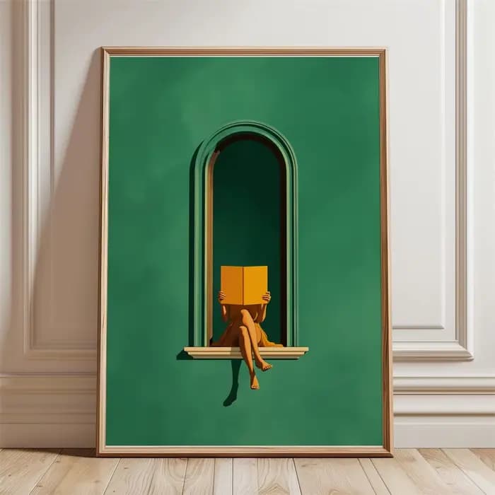 Affiche murale minimaliste vert sauge avec femme lisant dans une baignoire rose – Décoration de sall