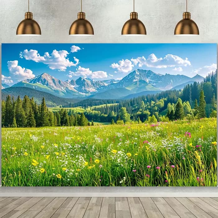 Paysage de printemps, prairie verte, pins, fond de forêt, photographie, camping, aventure, fond de f