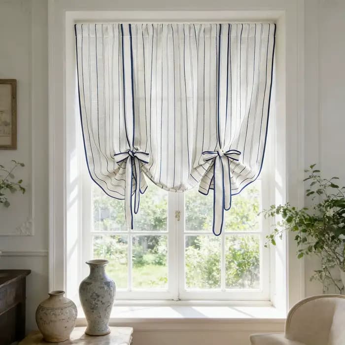 Rideau à nouer à rayures bleues et blanches, voile transparent de type lin pour salon, chambre à cou