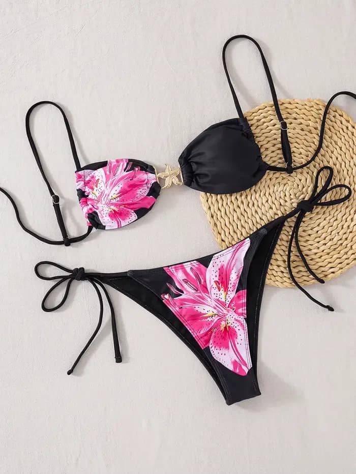 Sexy rouge Bikini 2025 femmes noir métal évider étoile de mer Push Up pansement string maillot de ba