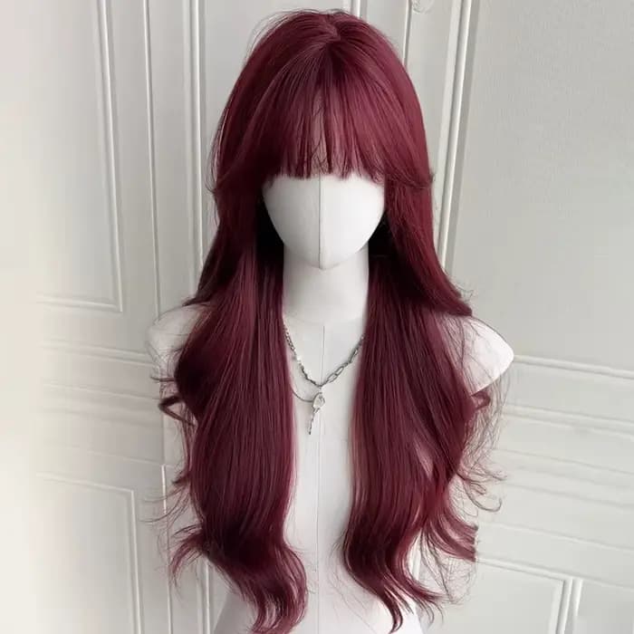 Perruque synthétique couleur vin rouge avec grandes boucles pour fête d'Halloween, perruque de cospl