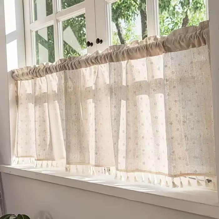 Rideau court en coton et lin à motif floral avec pompons, passe-tringle supérieur, idéal pour la déc