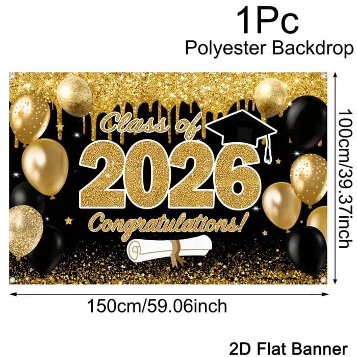 Toile de fond en polyester noir et or pour la remise des diplômes, classe de 2026, décoration scinti