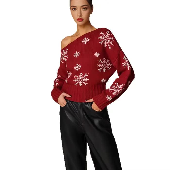 Pull de Noël flocon de neige rouge col pull femme