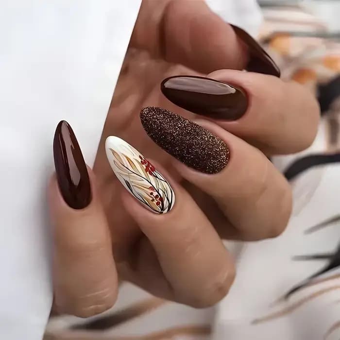 Faux ongles français en amande mate, avec colle, impression de feuilles de Rose, Nail Art, couvertur