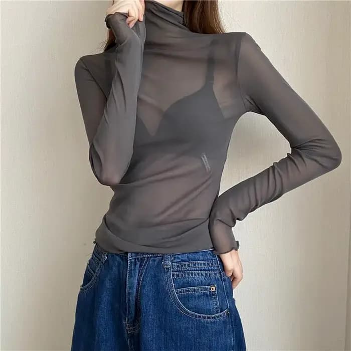 Chemisier astronomique en dentelle à col roulé pour femme, manches longues, vêtements en gaze fine, 