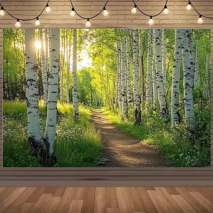 1 fond de sentier de forêt de bouleau ensoleillé - fond de fête de scène de forêt 2D vibrante