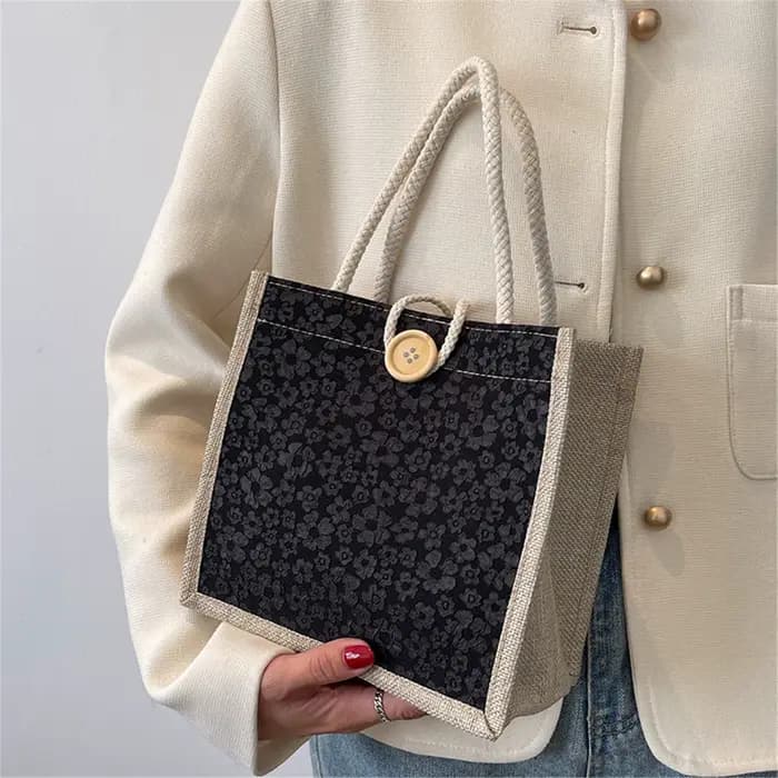 Sac à main à boutons en lin, sac d'épicerie de grande capacité, fourre-tout pour femmes, organisateu