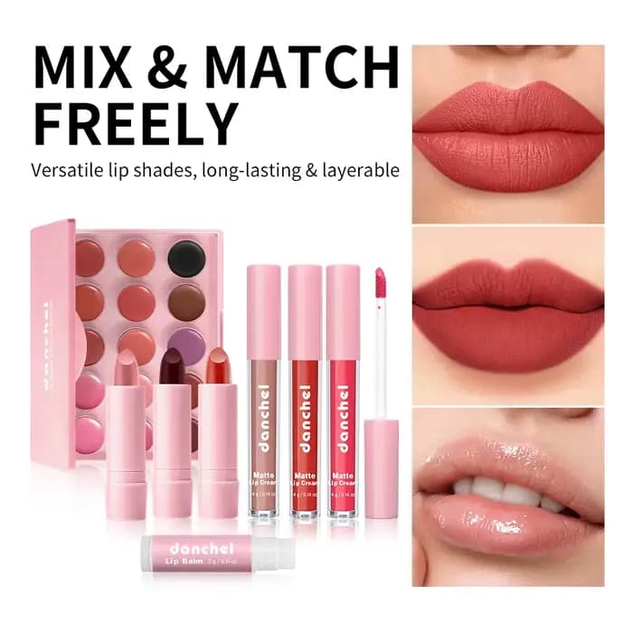 Kit de maquillage pour les lèvres polyvalent, palette de 15 couleurs + rouges à lèvres mats + baume 