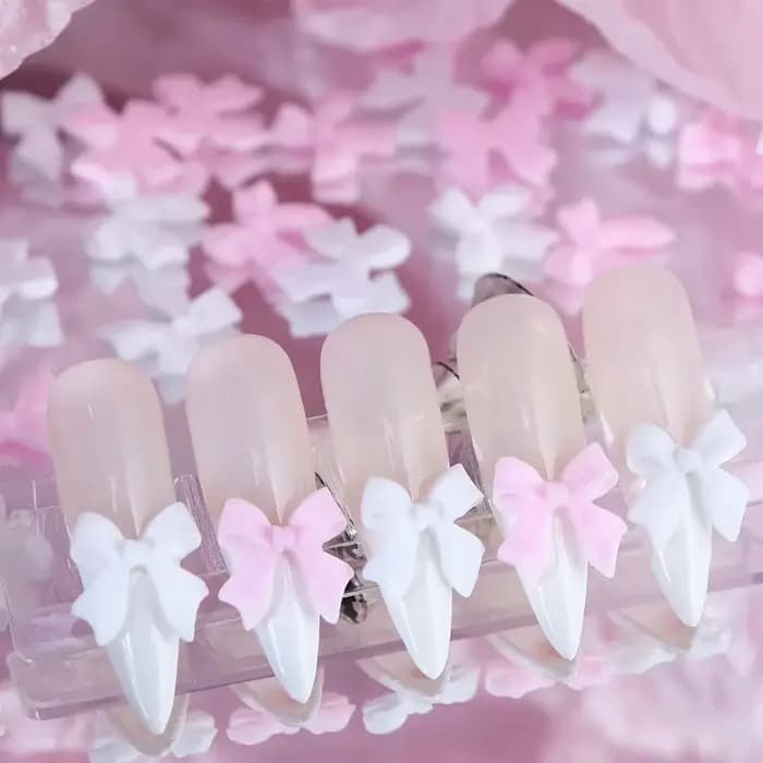 Breloques pour ongles avec nœud en ruban rose et blanc, pièces rouges coréennes, décoration de crava