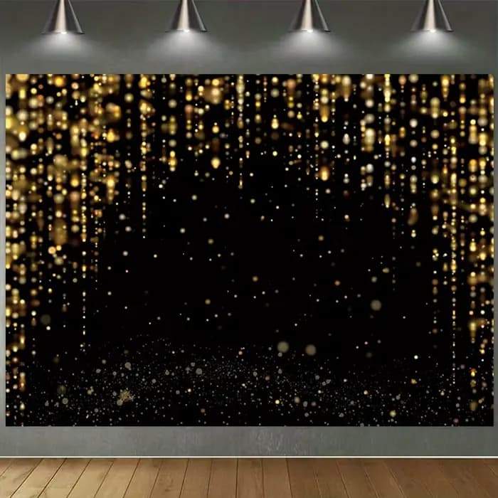 1 bannière de fond à paillettes noires et dorées avec points dorés - fond en polyester pour annivers