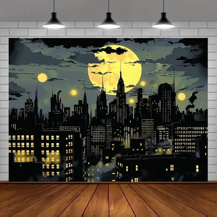Fond de super-héros City : horizon vibrant, pleine lune et motif chauve-souris - Parfait pour la pho