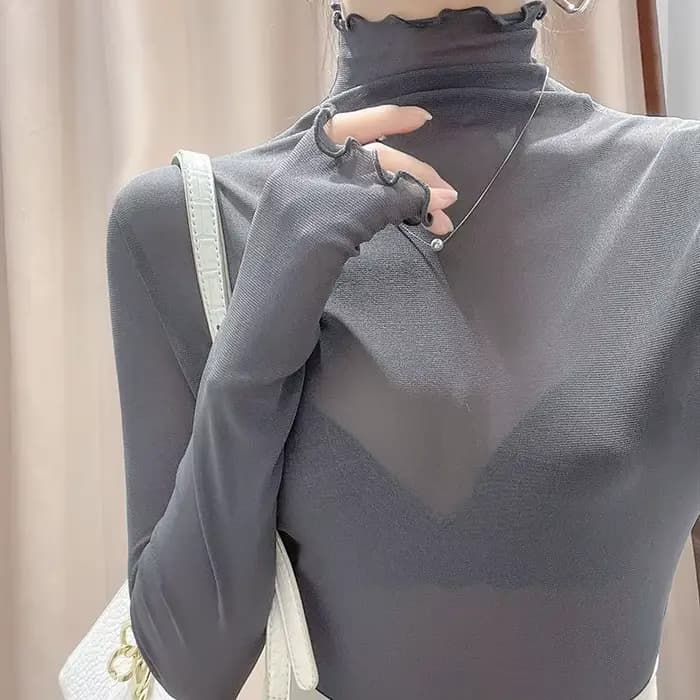 Chemisier en dentelle à col haut pour femmes, à manches longues, en gaze fine, vêtements transparent