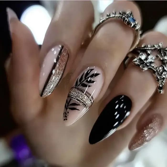 Faux ongles français en amande mate, avec colle, impression de feuilles de Rose, Nail Art, couvertur