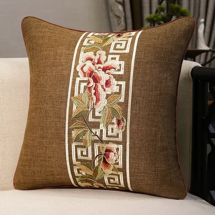 Housse de coussin en lin-coton européen, brodée à la main, motif floral, classique, élégante, pour c