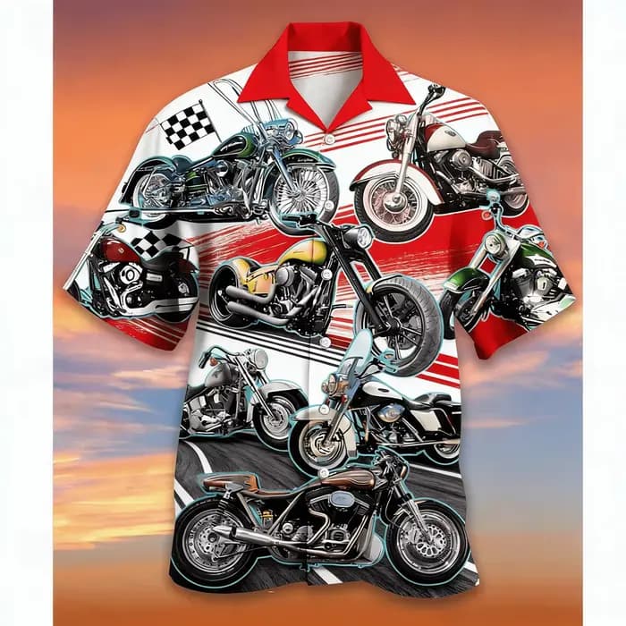 Chemise moto pour homme à col rouge, style rétro avec bandes de vitesse, chemise boutonnée élégante 