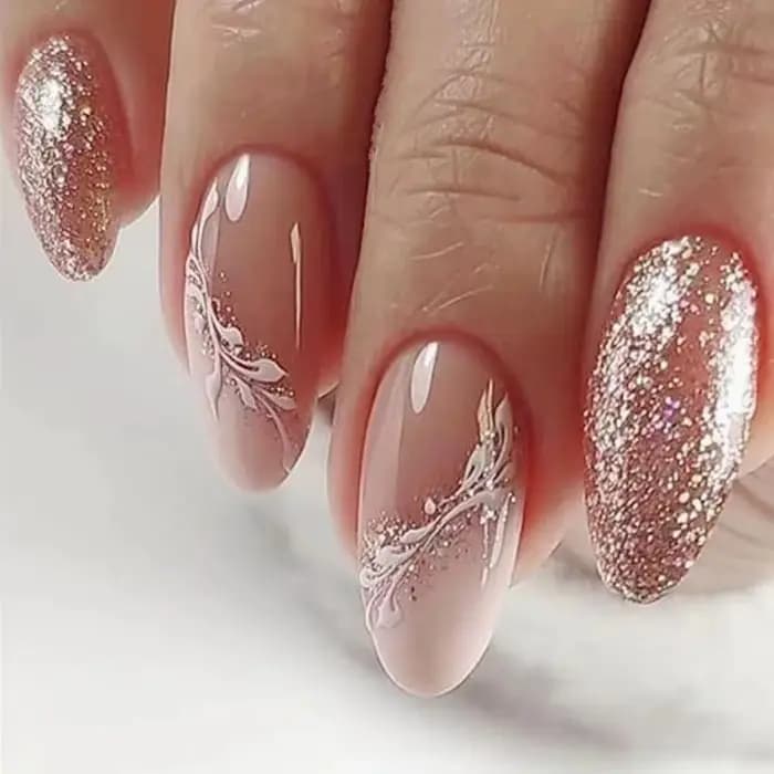 Faux ongles français en amande mate, avec colle, impression de feuilles de Rose, Nail Art, couvertur