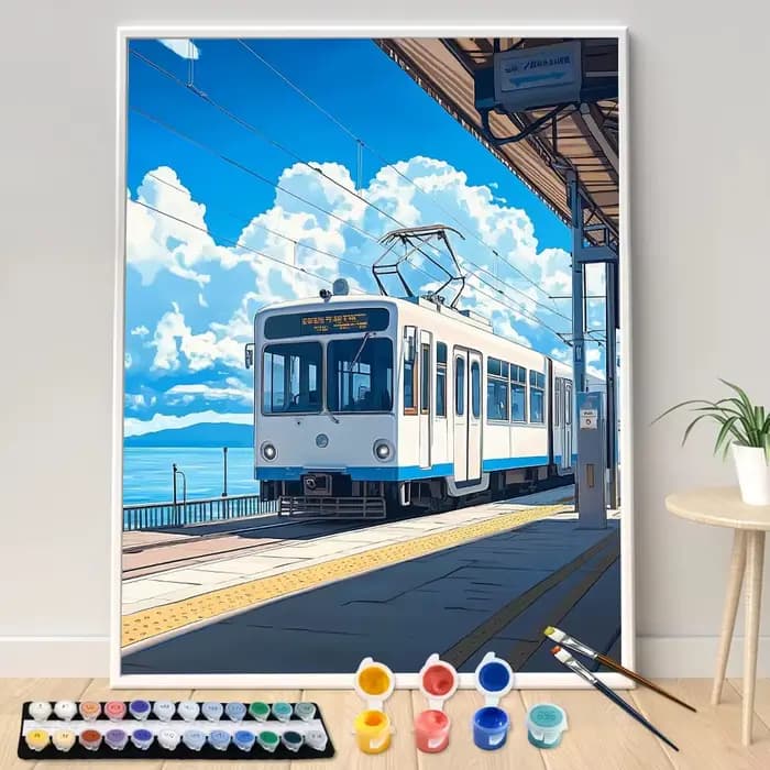 Peinture à l'huile par numéros, paysage de train sur fond bleu sur toile, décoration pour la maison,