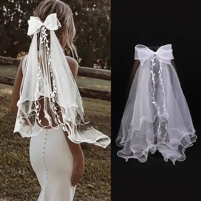 Voile de mariée en tulle pour femme, deux couches, simple et élégant, avec nœud et bordure en dentel