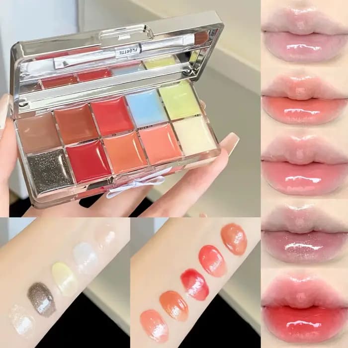 FLORTTE Palette Multifonctionnelle 10 Couleurs pour Lèvres Gloss et Rouge à Lèvres - Brillant, Hydra