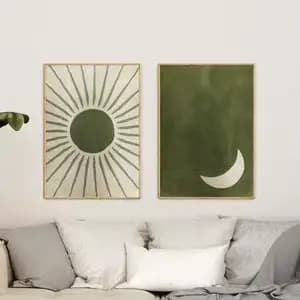 Abstraction d'art mural vert sauge, art mural vert olive, soleil et lune, un ensemble de 2 impressio