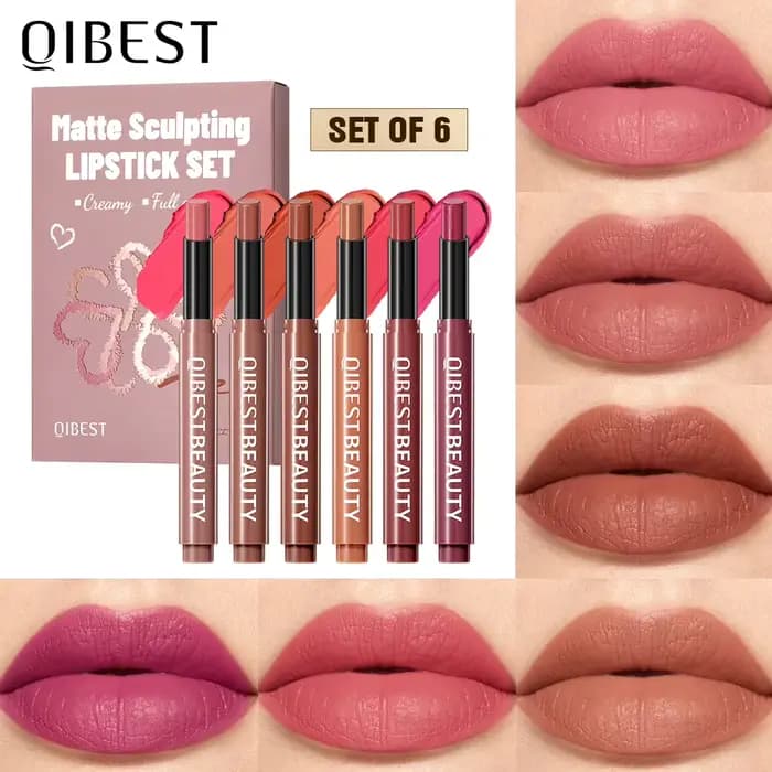 QIBEST – Ensemble de 6 crayons à lèvres mats longue tenue, couleurs nude, violet et marron, teinture