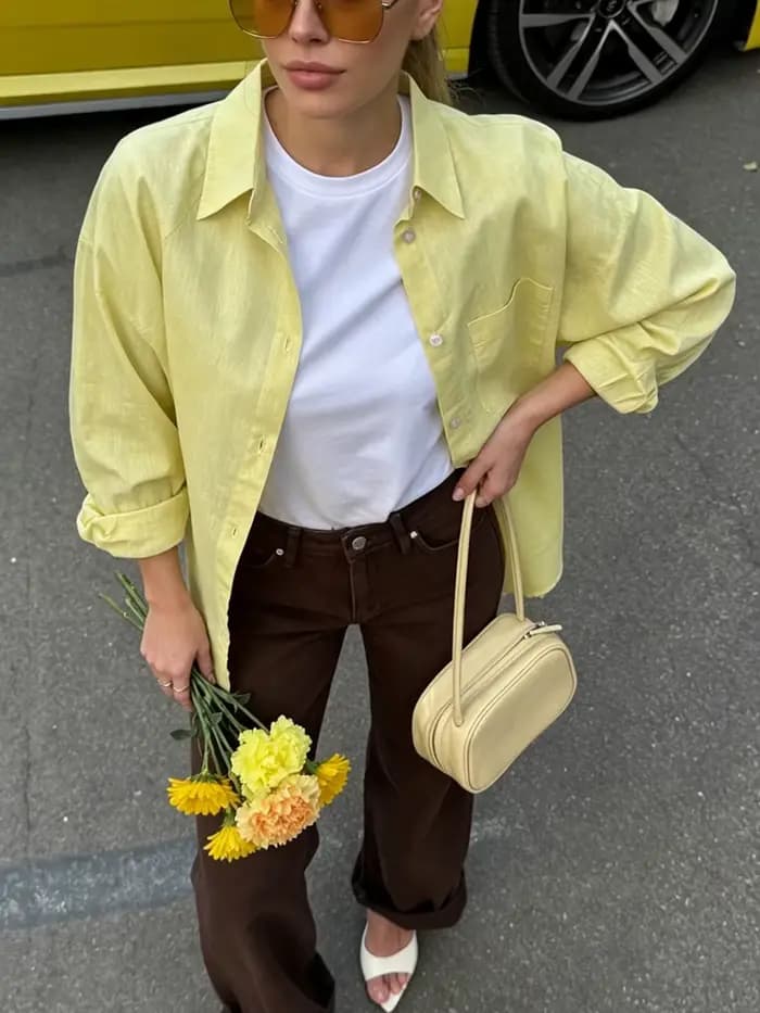 Chemise en lin pour femme, manches longues, blouses élégantes, haut basique, col jaune, bleu, chemis