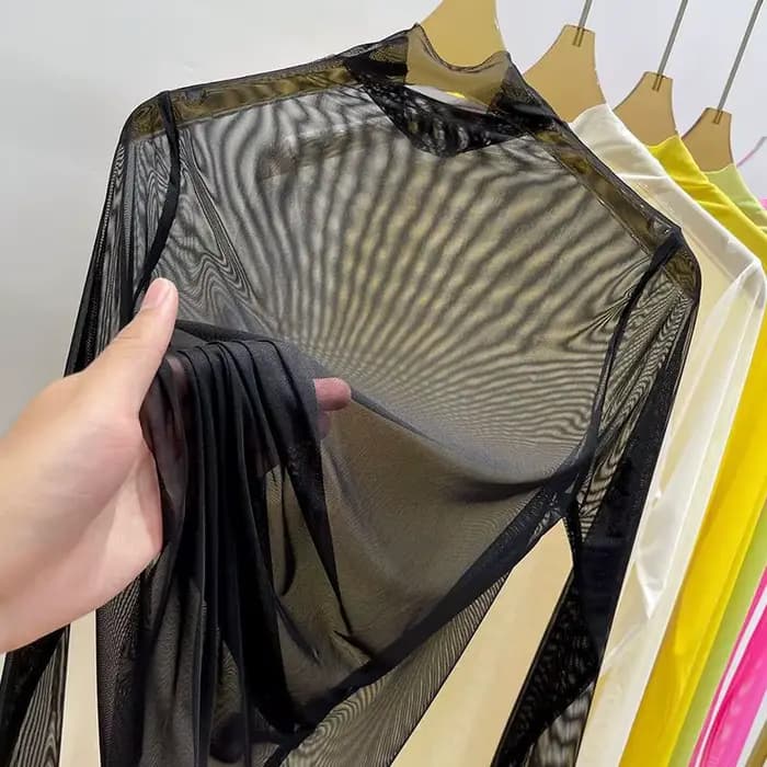 T-shirt à manches longues en gaze transparente pour femmes, vêtements d'été, chemise à col mi-haut, 