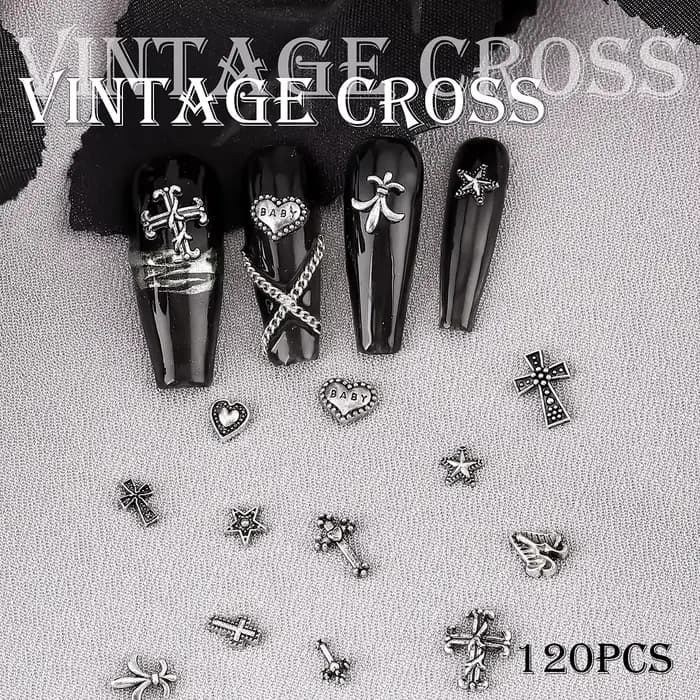 120 pièces/1 boîte européen américain foncé vintage style croix nail art patch y2k Premium métal Sty