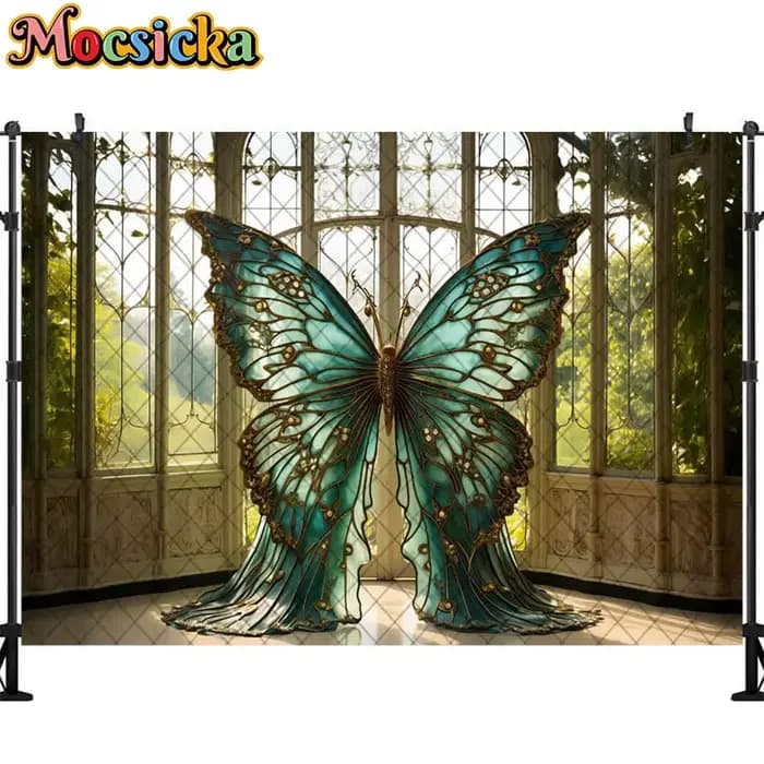 Arrière-Plan de Photographie avec Ailes de Papillon, Décoration de Fenêtre de Chambre Dorée, Portrai