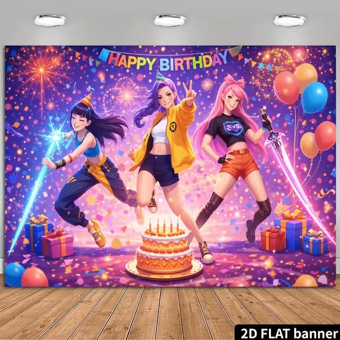 Un toile de fond de fête d'anniversaire 2D, avec des personnages de style dessin animé vibrants et u