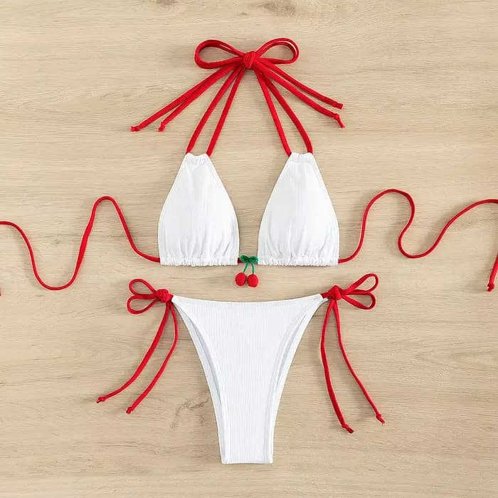 Sexy rouge cerise Bikini ensemble femmes côtelé Push Up Micro maillots de bain plage maillot de bain
