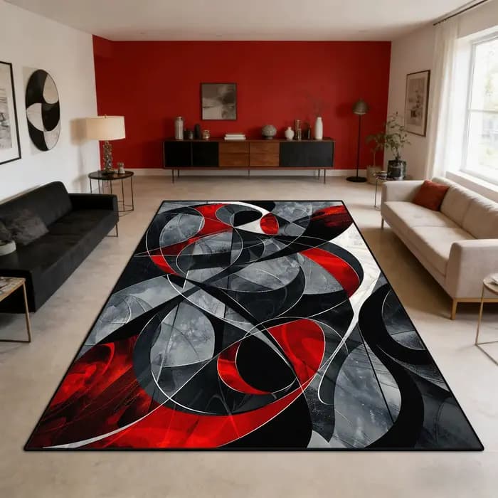 Tapis rouge et noir Vintage européen, tapis abstrait géométrique moderne, grande surface, grand déco