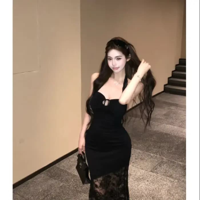 Robe dos nu en dentelle épissée pour femmes, jupe longue noire, Slim, ceinture Pure, été