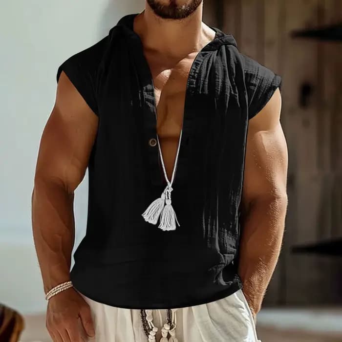 Débardeur en lin vintage pour homme, col en V profond, sans manches, coupe ample, respirant, pour l'
