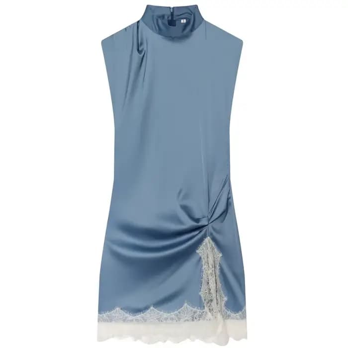 Robes Courtes en Dentelle pour Femme, Robe Moulante Sexy sans Manches avec Fente, Mini-Robe Bleue d'