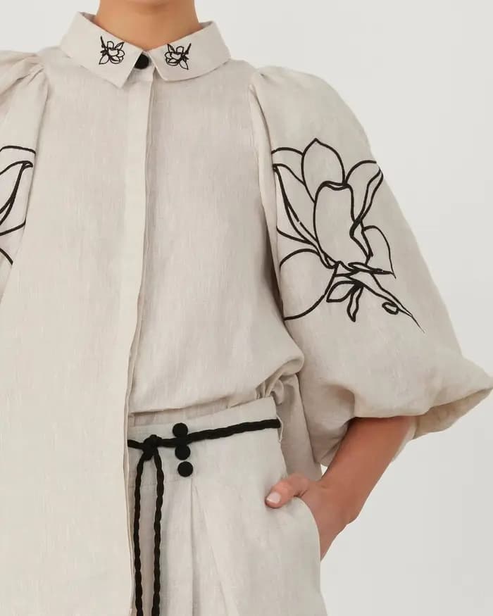 Cotton Linen Women Elegant Two Piece Set Loose Long Sleeve Printed Shirt and High Waist Wide Leg Pan