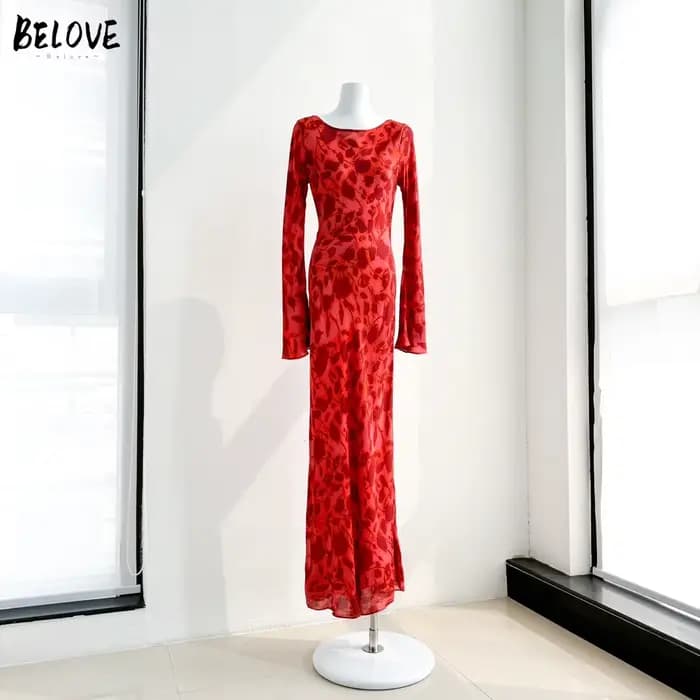 Robe Extra longue pour femmes, col rond, Style rétro, imprimé floral, 100% soie, manches évasées