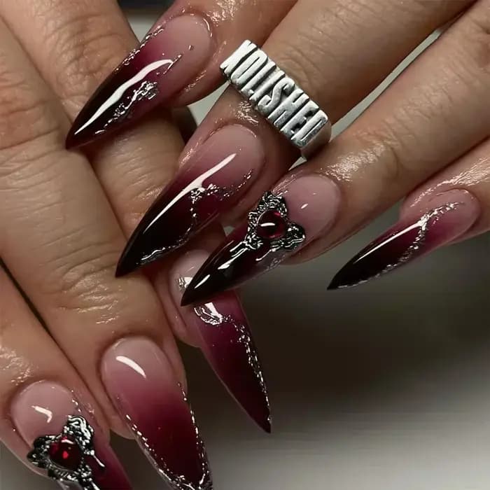 24 pièces faux ongles avec colle amande noir rouge dégradé conception détachable strass acrylique fa