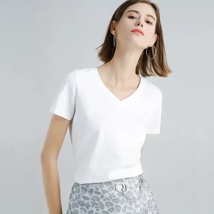 T-shirt col rond double face en coton pour femmes, nouveau haut col V basique grande taille à manche