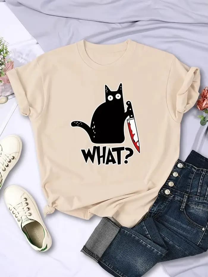 Couteau de cuisine Black Cat Quel? T-Shirts à manches courtes imprimés pour femmes, T-Shirts respirants à la mode, hauts d'été Cool, Streetwear