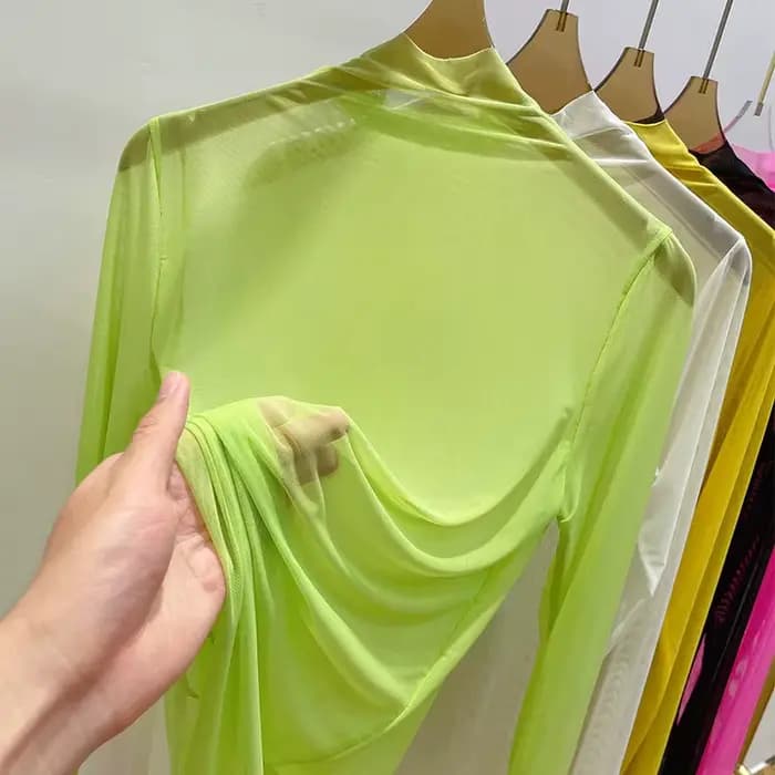 T-shirt à manches longues en gaze transparente pour femmes, vêtements d'été, chemise à col mi-haut, crème solaire, 2024