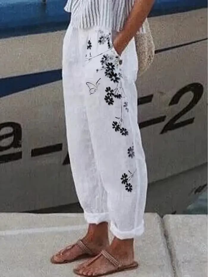 Pantalon en coton et lin pour femmes, streetwear décontracté, élégant, imprimé floral, poche, printemps, été, nouveau