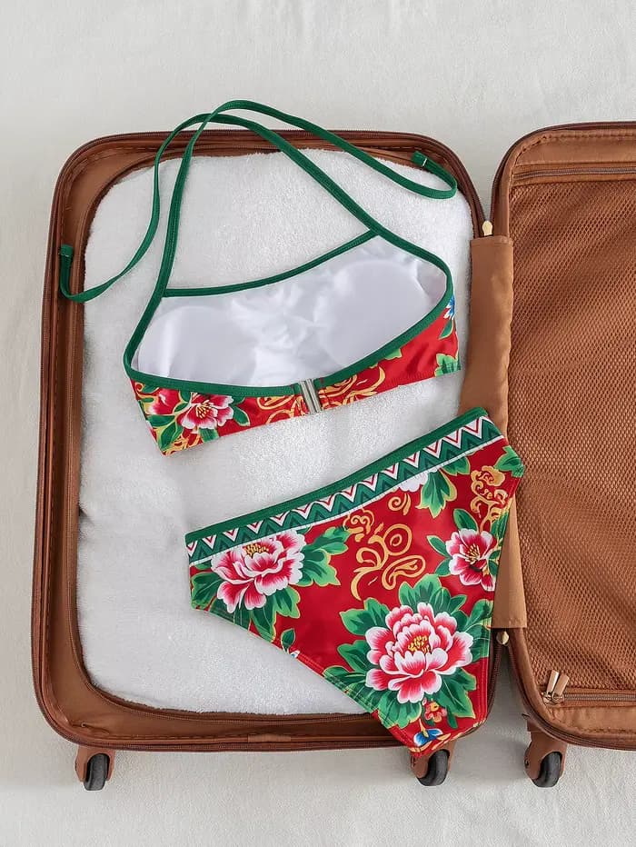 Ensemble bikini imprimé floral rouge pour femme, haut à col halter avec bordure contrastée, bas taille haute, maillot de bain 2 pièces