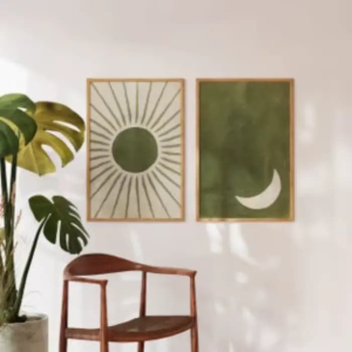 Abstraction d'art mural vert sauge, art mural vert olive, soleil et lune, un ensemble de 2 impressions, art de jour et de nuit, peinture sur toile sans cadre